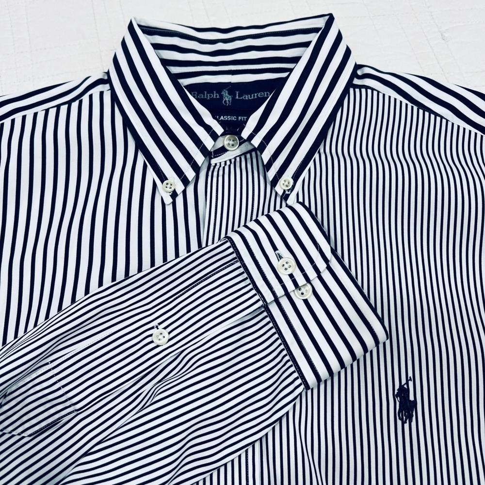 Ralph Lauren Mens Classic Fit Multi Stripe Button Down Shirt Black White L 16.5